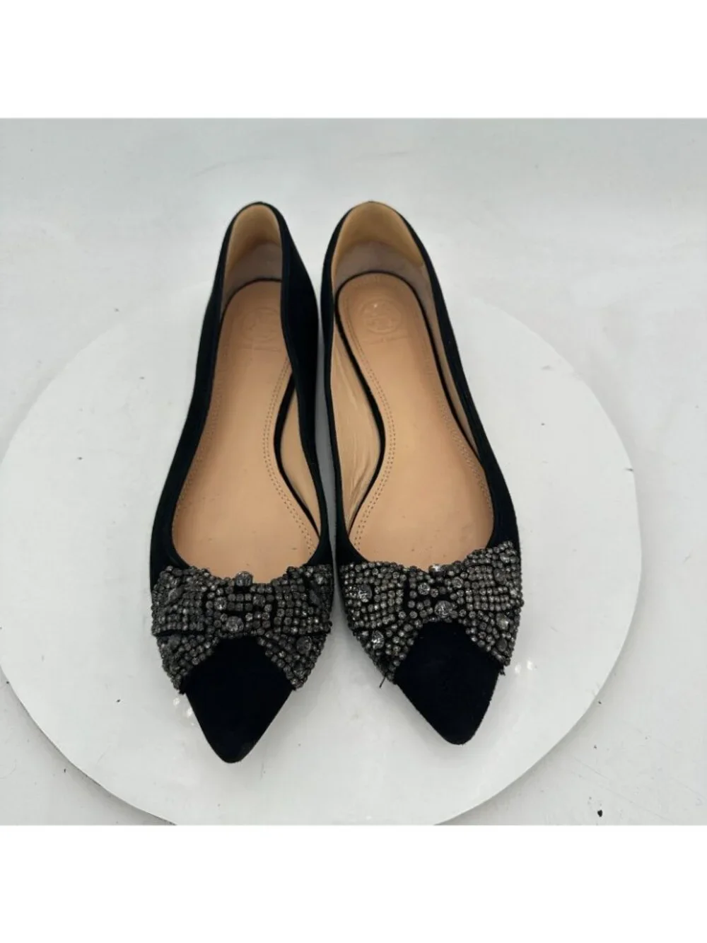 Tory Burch Vanessa Women Sz 8.5M Black Suede Pointed Toe Crystal Bow Flat Shoes